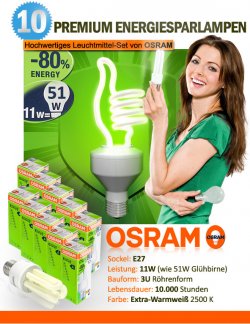 10 x OSRAM Energiesparlampe 3U 11W E27 warmweiß 1,69€ Stück (versandfrei)