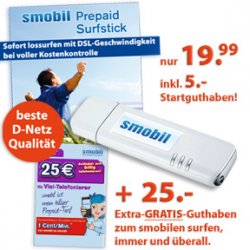 smobil Prepaid Surfstick für 19,99 € statt 44,99 € + 30 € Guthaben Gratis bei Schlecker.de