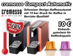 20% Rabatt auf cremesso Compact Automatic: Schweizer Design-Kaffeeautomat mit 19 bar Druck für Kaffee in Barrista-Qualität bei rabattbarometer