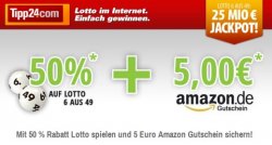 Lottoschein für 0,62€ + 5€ Amazon Gutschein bei tipp24.com