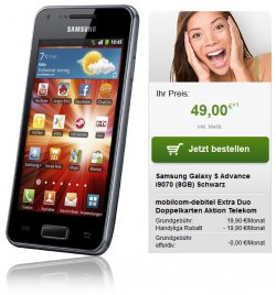 Samsung Galaxy S Advance (8GB, NFC) für 49€ = 144€ Ersparnis, durch Schubladenvertrag @Handyliga