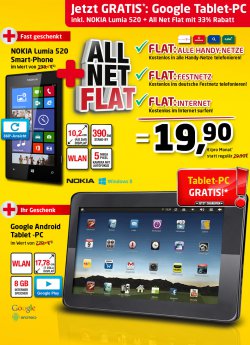 handyhandy.de: 19,90€! AllNet Internetflat + Nokia Lumia + 7 Google Tablet (1€)