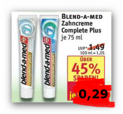 Blend-a-med Comlete Plus (der Testsieger) für 0,29 € statt 1,49 € bei Rossmann mit 50 Ct. Gutschein auf for-me-online.de
