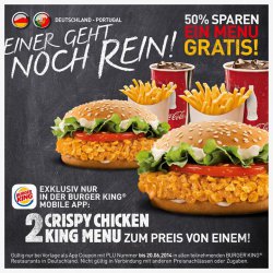 50% Rabatt! – 2 Crispy Chicken KING Menu zum Preis von einem @ Burgerking