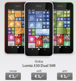 Sparhandy Weekend Deal: Internetflat + 100 Freiminuten in alle Netze + 3000 Frei SMS + Smartphone z.B. Nokia Lumia 530 für 4,99 € mtl. statt 19,99 € mtl.