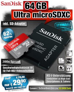 SanDisk 64GB Ultra micro SD Karte Class 10 inc. Adapter 29,90€ (zzg.Versand) @pearl.de