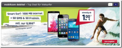 o2 Smart Surf mit 1GB Datenflat + 50 Freiminuten + 50 Frei-SMS, inkl. Smartphone ab 1 € für 9,99 € mtl. @ Modeo