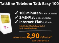 Talkline Telekom Talk Easy 100 für 2,90 € statt 19,99 € mtl. @Crash-Tarife
