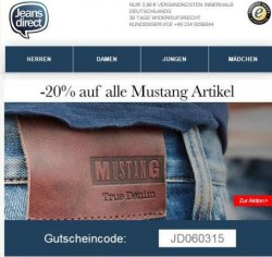 20% Rabatt auf die Marke Mustang bei jeans-direct + 5,00€ Gutschein für Newsletteranmeldung
