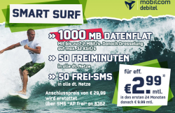 Smart Surf Aktion mit 1 GB Daten, 50 Freiminuten & 50 Freie SMS für nur 2,99 € je Monat @ Getmobile oder Logitel