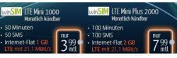 WinSim LTE Mini 1000 (50 Min + 50 SMS + 1GB LTE) für 3,99 € mtl. oder LTE Mini 2000 (100 Min + 1000 SMS + 2GB LTE) für 7,99€ mtl. @ Etelon