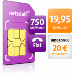 Kostenlose Netzclub Prepaid Simkarte mit bis zu 20,00 € Amazon Gutschein