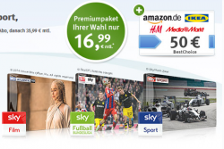 Sky Welt + Premiumpaket nach Wahl für nur 16,99 Euro mtl + 50 Euro Einkaufsgutschein für Amazon, Media Markt, iTunes, etc.