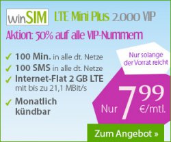 [WinSIM] 2 GB LTE  + 100 Minuten + 100 SMS für 7,99€ – monatlich kündbar