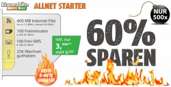 ALLNET Starter Tarif (100 Minuten, 100 SMS und 400 MB Internet Flat) für 3,95 € mtl @Logitel
