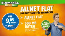 Klarmobil D1 Allnet Spar- Flat mit 500 MB Datenflat für 9,85€mtl. @Handydealer24