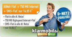 Günstiger Handytarif: Klarmobil AllNet-Flat + SMS-Flat + 21,6 Mbit/s 750MB Flat für 14,85€ mtl. @handybude.de