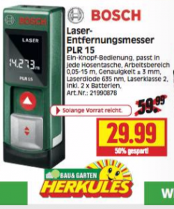 [Lokal] BOSCH Laserentfernungsmesser PLR15 + kostenloses VOLT­CRAFT Ak­ku­la­de- und Pfle­ge­ge­rät IPC-1L für 29,99€ statt 63,34€ in den...