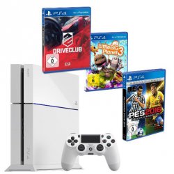 Sony PlayStation 4 500 GB weiss + Pro Evolution Soccer 2016 + Little Big Planet 3 + Driveclub für 399,90€