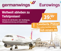 LIDL Reisen: Flüge mit Eurowings innerhalb Europa ab 39,99 Euro oder Weltweit ab 129,99 Euro