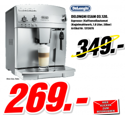 DeLonghi Kaffeevollautomat ESAM 269,- anstatt 349,- Idealo Media Markt Porta Westfalica 4,99 Versand