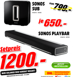 Sonos Playbar 650,- (Idealo 725,-) Sonos Sub 650,- (Idealo 745,-) zusammen 1200,- Media Markt, Versand 9,99