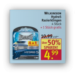 [Lokal ab Montag] 4+1 Wilkinson Hydro 5 Rasierklingen für 4,49€ dank 10% Coupon [idealo 9,25€] @Rossmann
