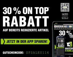 Nochmal 30% Rabatt auf Sale Artikel in der Soccer-Fans-Shop.de APP (Sportartikel, Laufschuhe etc.)