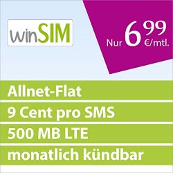 winSIM Allnet Flat + 500 MB LTE für 6,99€/Monat (Telefonie-Flat, 500 MB LTE, 9 Cent pro SMS, O2 Netz, monatl. kündbar)