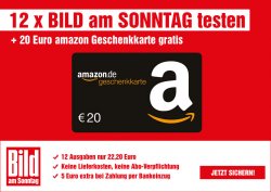 12 Wochen Bild am Sonntag + 20€ Amazon-Gutschein effektiv 2,80€ Euro Gewinn @Lesershop24