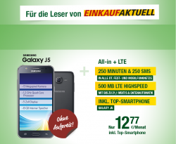 Smartmobil: LTE Highspeed Internet-Flat 500 MB + 250 min. + 250 SMS + Samsung Galaxy J5 für 12,77 € mtl.