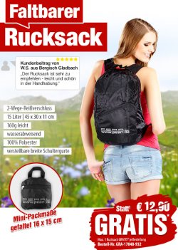 Faltbarer Rucksack (statt 12,90 €) GRATIS @ pearl, nur VSK