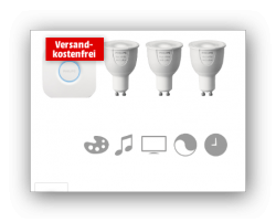 Phi­lips 508626 Hue inkl. 3 Lampen und 1 Bridge Star­ter Kit Mehr­far­big , EEK: A für 149,- € [ Idealo 190,98 € ] @ MediaMarkt