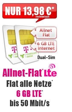 D1: Telekom Allnet-Flat + 6 GB LTE 13,98€ mtl / Dual-Sim (2 getrennte Simkarten) @Handybude