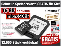 Gratis Intenso Premium microSDHC-Speicherkarte 16 GB Class 10 (7,33 € Idealo) @Pearl (nur VSK)