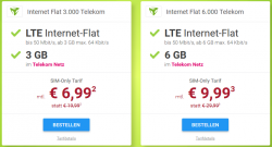 3 GB LTE Internet-Flat für 6,99 € (statt 19,99 €) mtl. oder 6 GB LTE Internet-Flat für 9,99 € (statt 29,99 €) mtl. im Telekom-Netz @Sparhandy