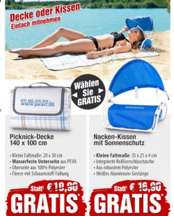 @pearl: 0,- statt 16,90 EUR: Picknick-Decke oder Nackenkissen mit Sonnenschutz (zzg.Versand)