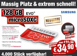 @pearl: Samsung microSDXC 128GB EVO+ Speicherkarte mit SD-Adapter, Class 10 nur 34,90€ (idealo: 43,42€)