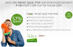 Allnet Flat + SMS Flat + 4 GB Datenvolumen für 14,85 € mtl. statt 34,85 € mtl. @Modeo