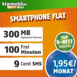 D1-Netz Klarmobil 100 Frei-Minuten + 300MB Datenflat für 1,95€ mtl. Einmailg 4,95€ @Amazon