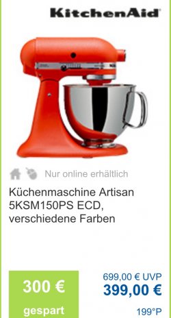 @real,-: KitchenAid Küchenmaschine Artisan nur 399,-€ statt Idealo: 456,-€