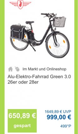real: Zündapp, Alu-Elektro-Fahrrad Green 3.0 26er/28er mit 2. Akku, Tasche 999€ (Idealo: 1299€)