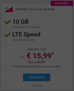 Sparhandy: 10 GB LTE Datenflat im Telekom Netz für nur 15,99 Euro im Monat statt 39,99 Euro