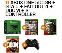 Xbox One 500GB + GTA 5 + Doom + Fallout 4 + 2. Controller + weiteres Game für 249 € (426,03 € Idealo)
