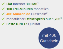 Klarmobil Telekom Vertrag (100 Freiminuten + 300 MB + 40 Euro Amazon Gutschein) für nur 1,70 Euro im Monat statt 5,95 Euro