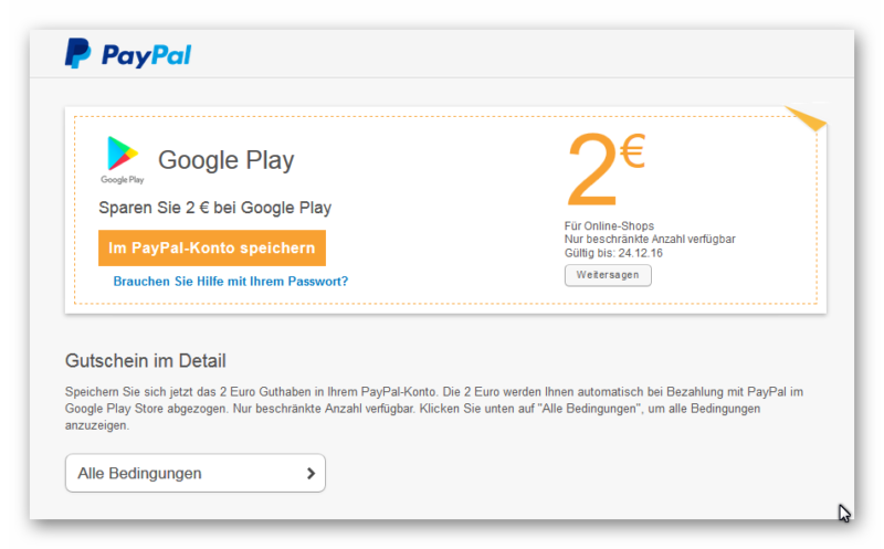 Kostenlos 2 € Gutschein für Google Play @PayPal - Liveshopping-Aktuell.