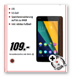 Media Markt: Wiko Pulp FAB Smartphone (16GB) , 5 Zoll + gratis Adidas Fußball  für 109 Euro [ Idealo 157 Euro ]
