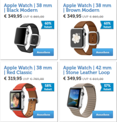 Apple Watches Flash Sale (bis zu 76% Rabatt/20 Modelle) @iBOOD z.B. Apple Watch Sport 38mm gold/rot für 199,95 € + VSK (352,99 € Idealo)