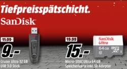 Mediamarkt: Speichermedien in der Tiefpreisspätschicht z.B. SANDISK Ultra micro-SDHC Speicherkarte 32GB für nur 9 Euro statt 14,08 Euro bei Idealo