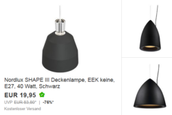 Nordlux Leuchten Sonderverkauf (jede Lampe 19,95 €) @Redcoon/eBay z.B. Nordlux SHAPE III Deckenlampe für 19,95 € (43,30 € Idealo)